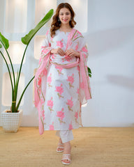Rose pink bloom premium cotton suit set for women, front view - Resshaa Jaipur