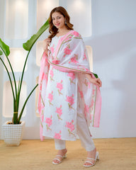 Close-up of rose pink floral print on premium cotton suit