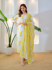 Yellow floral bloom premium cotton suit set for women, front view - Resshaa Jaipur