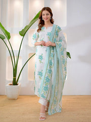 Turquoise floral bloom premium cotton suit set for women, front view - Resshaa Jaipur
