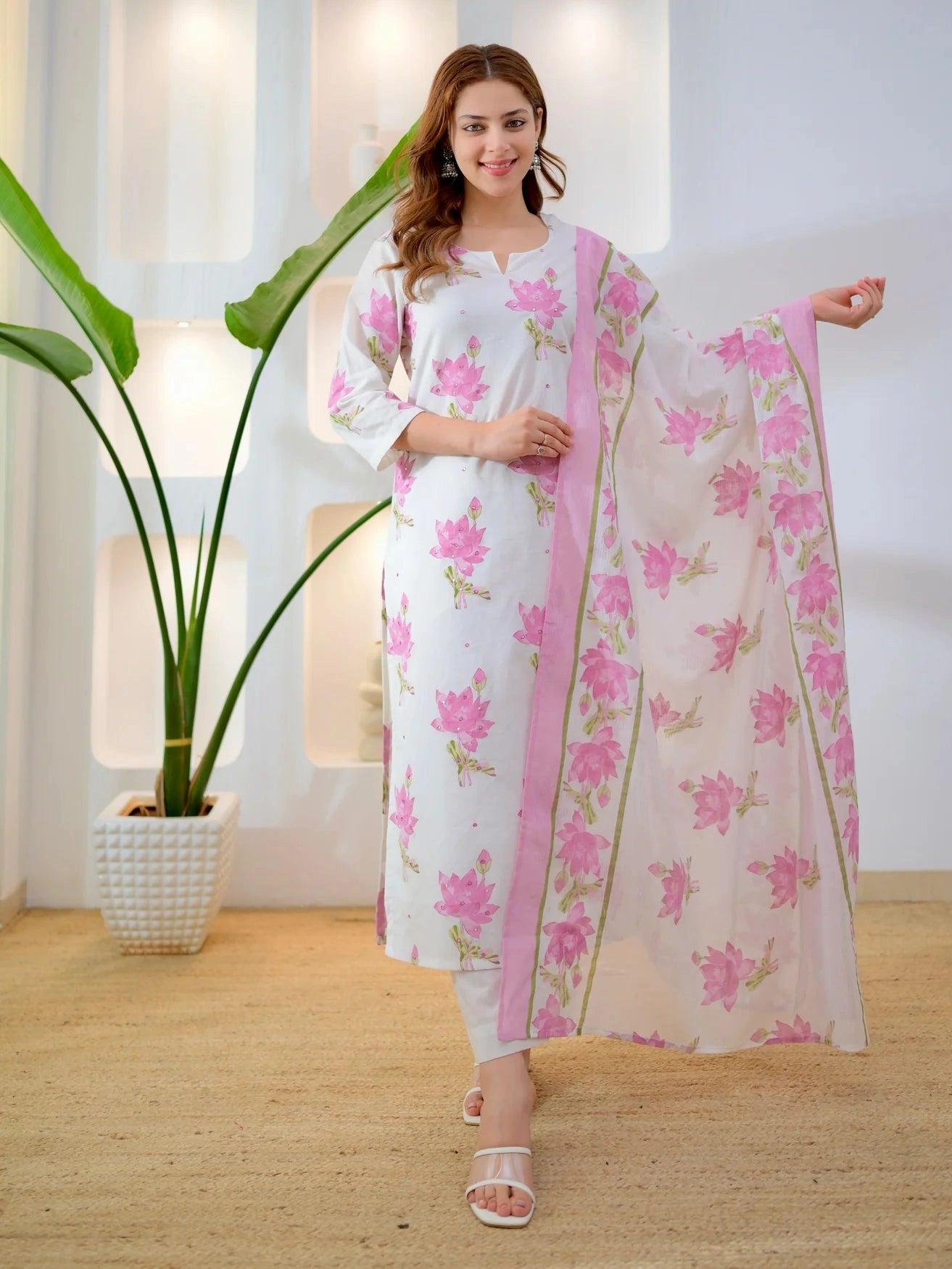 Lilac lotus bloom premium cotton suit set for women, front view - Resshaa Jaipur