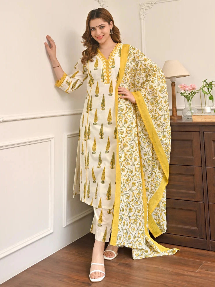 Sunlit bloom leaf premium cotton suit set for women, front view - Resshaa Jaipur