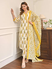Sunlit bloom leaf premium cotton suit set for women, front view - Resshaa Jaipur