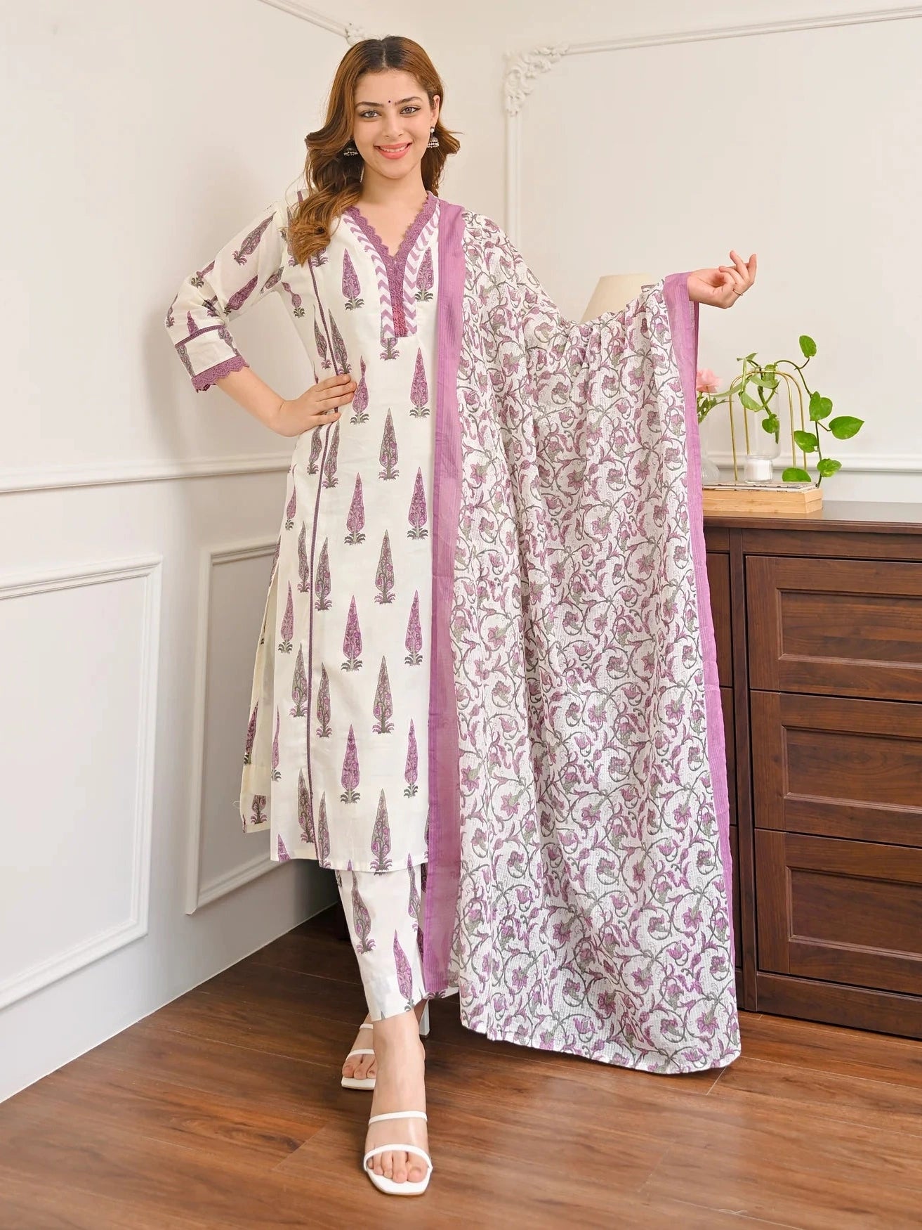 Orchid bloom leaf premium cotton suit set for women, front view - Resshaa Jaipur