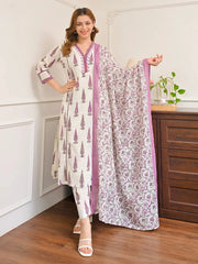 Orchid bloom leaf premium cotton suit set for women, front view - Resshaa Jaipur