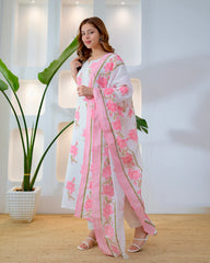 Rose pink bloom cotton kurta with pant and dupatta, full-length view