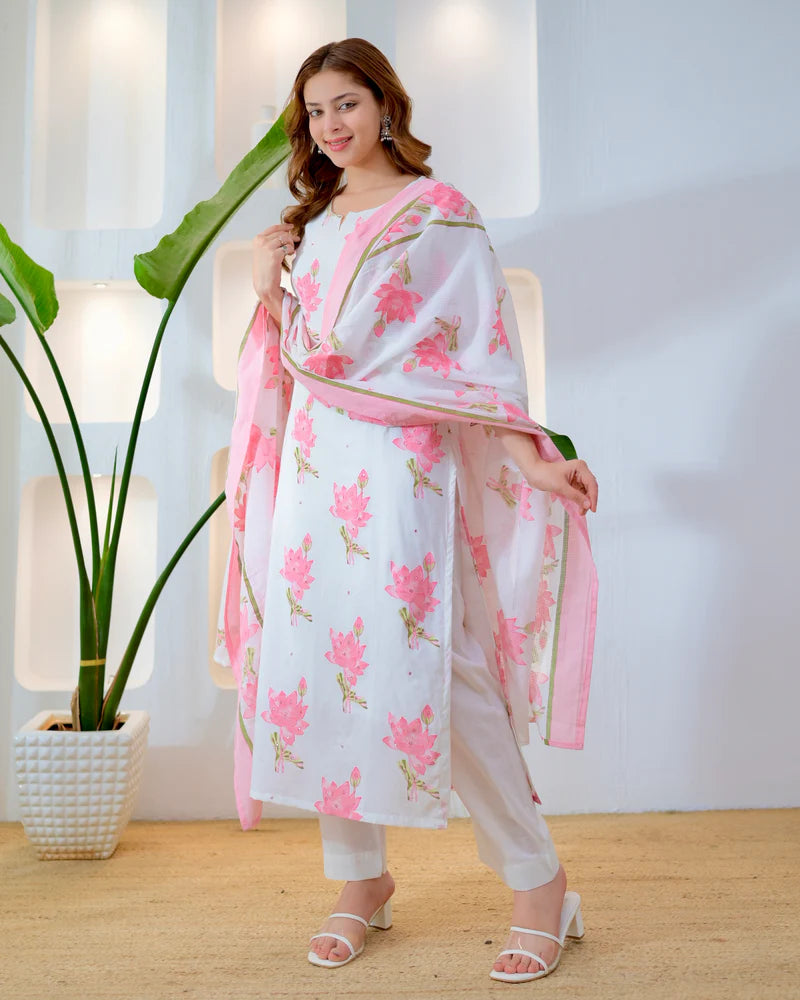 Close-up of rose pink floral print on premium cotton suit