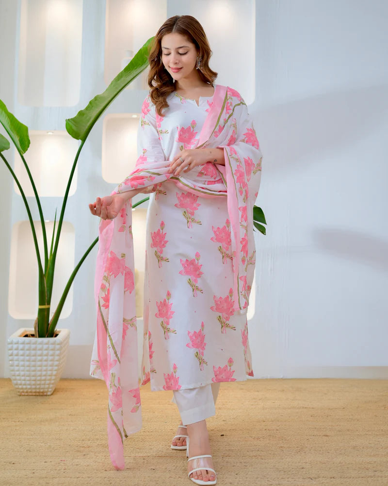 Rose pink cotton suit neckline and embroidery detail