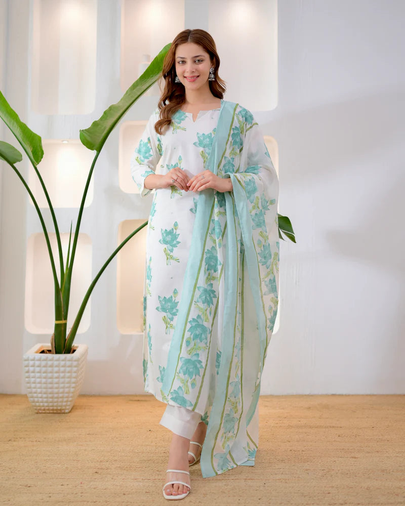 Turquoise Bloom Premium Cotton Suit