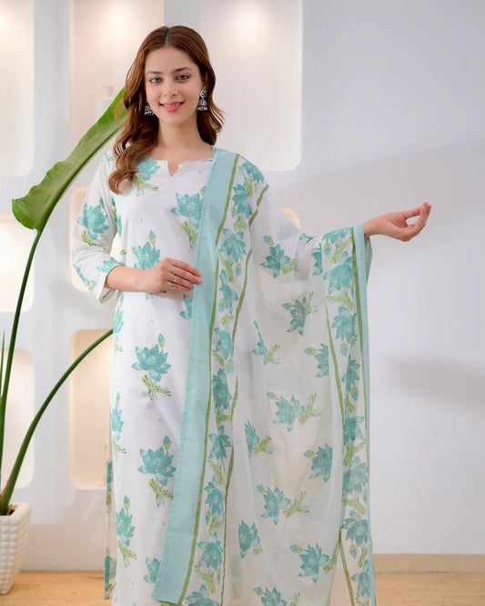 Turquoise Bloom Premium Cotton Suit