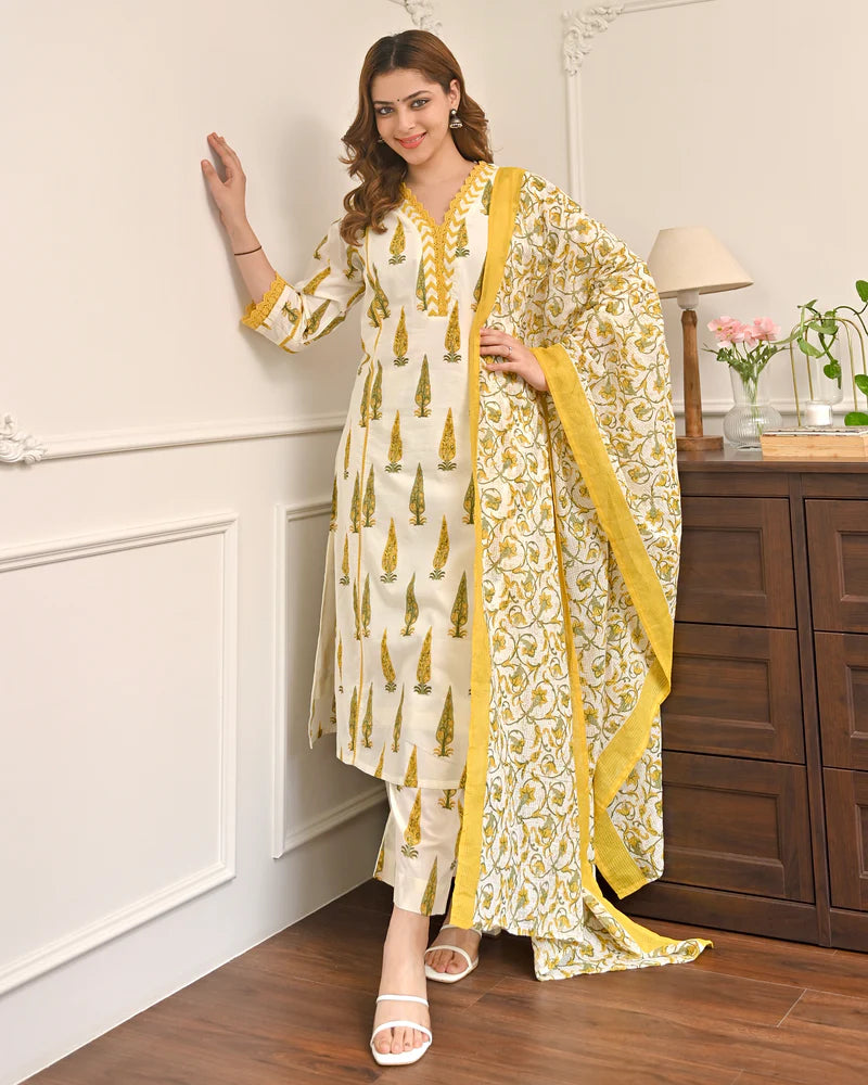 Sunlit Bloom Leaf Premium Cotton Suit